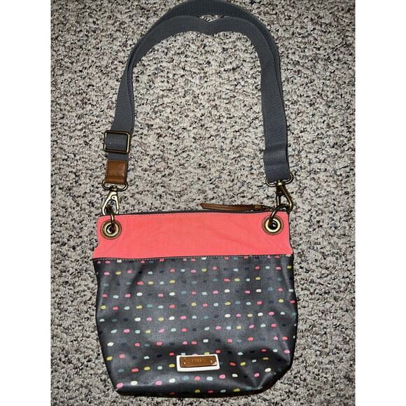 Fossil Keely Crossbody Shoulder Bag Pink Gray Multi‎ Color Dot Adjustable Strap - Picture 1 of 9